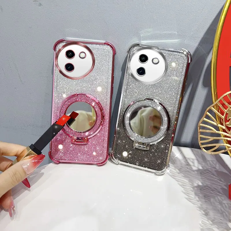 Glitzernde, stoßfeste Handyhülle mit Spiegelständer und Perlenband für Vivo Y38 Y58 38 58 5G T3x Rückseitenhülle.