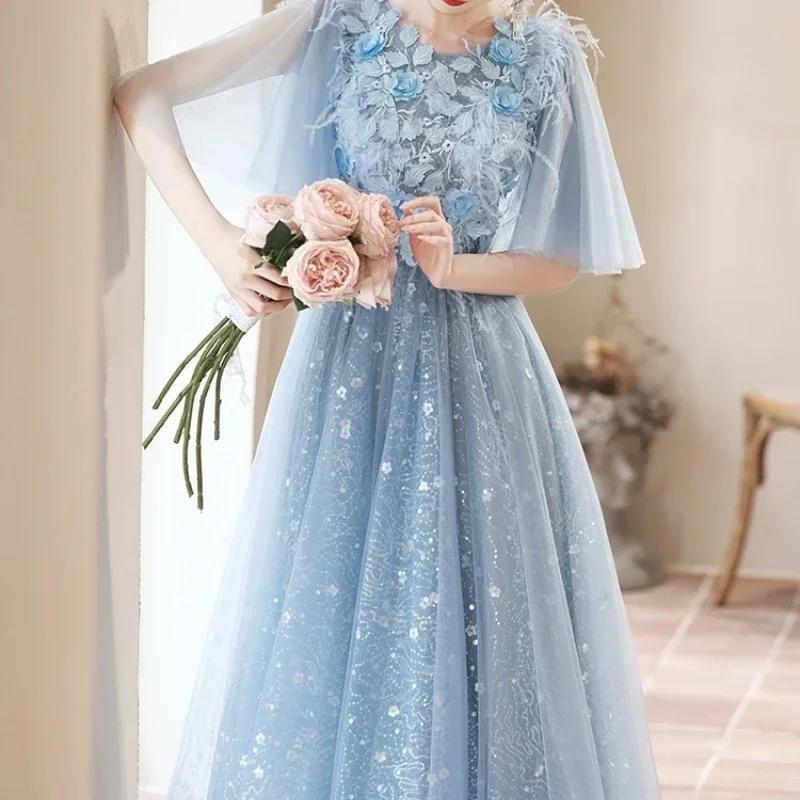 Customized Elegant O-neck Front Exquisite Flower Feathers Appliques Ceremonial Dress Long Mesh Tiered Sequin Temperament Vestido