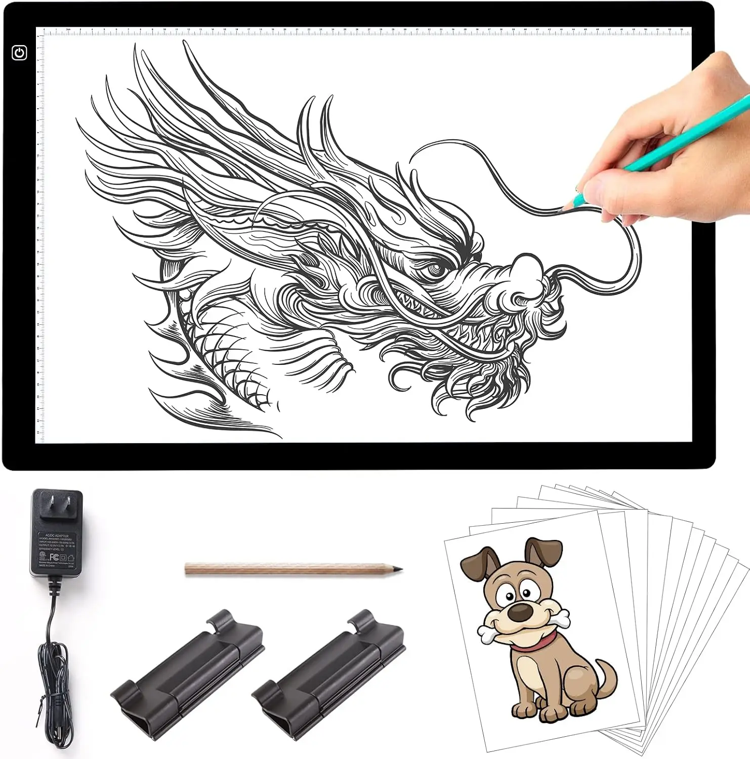 

A2 Artist Tracing Light Pad with 2 Clips, 12V2A Adapter, Stepless Dimmable Brightness, Large Light Box for Diamond Painting