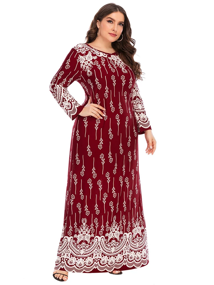 Abaya Muslim Dress Woman Autumn Winter Long Sleeve Retro Floral Print Maxi Long Dress Turkish Plus Size Islamic Clothing