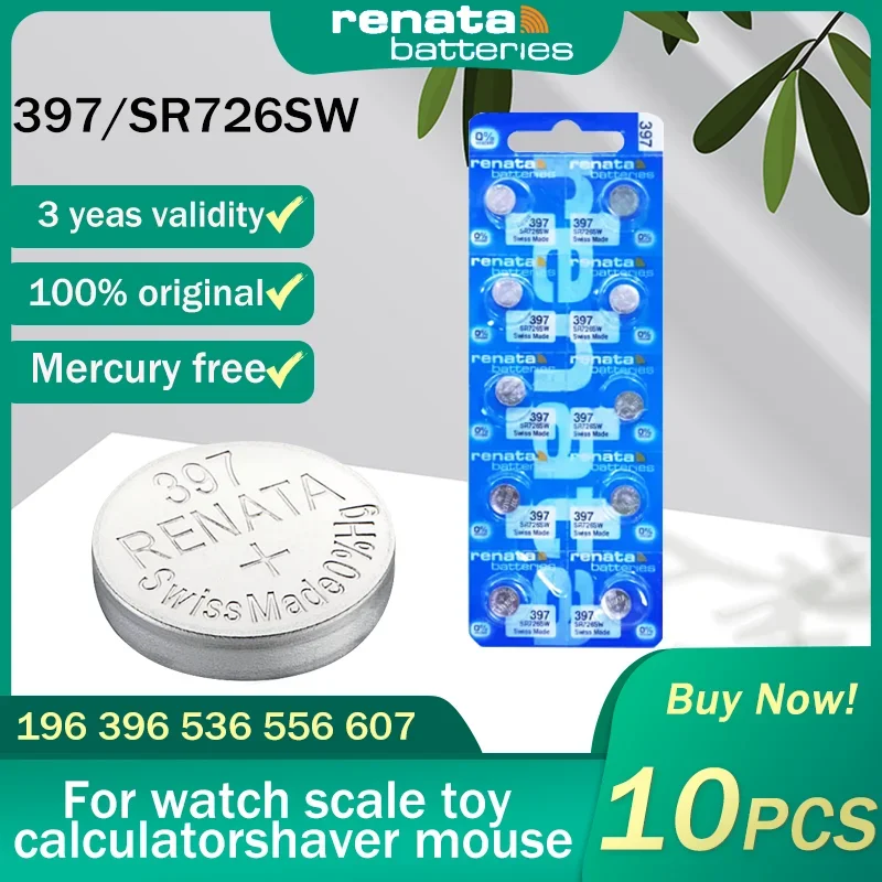 10PCS Renata 397 SR726SW AG2 LR726 1.55V Silver Oxide Watch Battery 396A SR726 For Scale Calculator Swiss Made Button Coin Cells