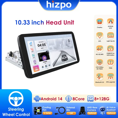Hizpo-カーマルチメディアプレーヤー,取り外し可能なパネル,ワイヤレスCarplay, Android, 360 ° 回転,ユニバーサルステレオ,GPS,Bluetooth,1 din,10.33インチ