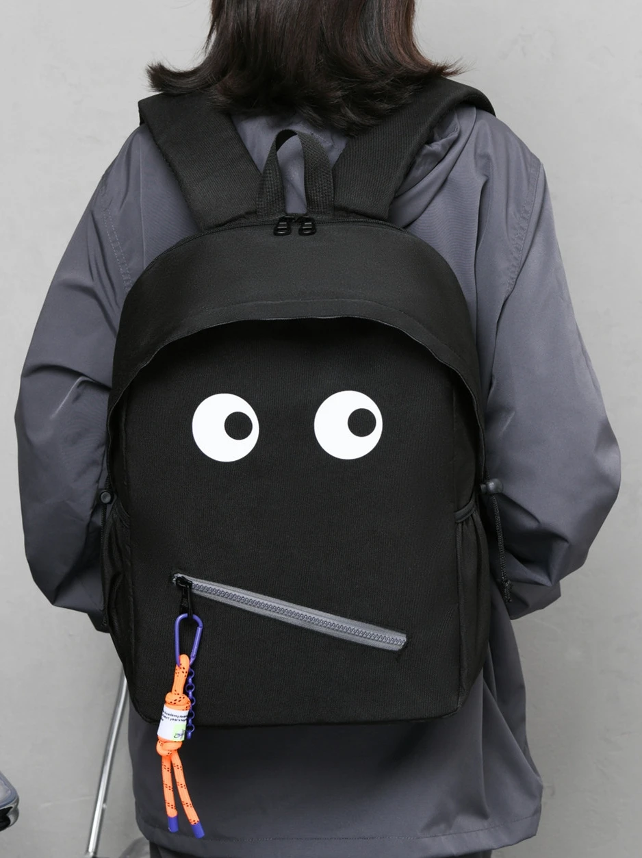 Mochila escolar feminina estudante do ensino médio mochila bonito Harajuku monstro preto grande capacidade luz lazer computador mochila