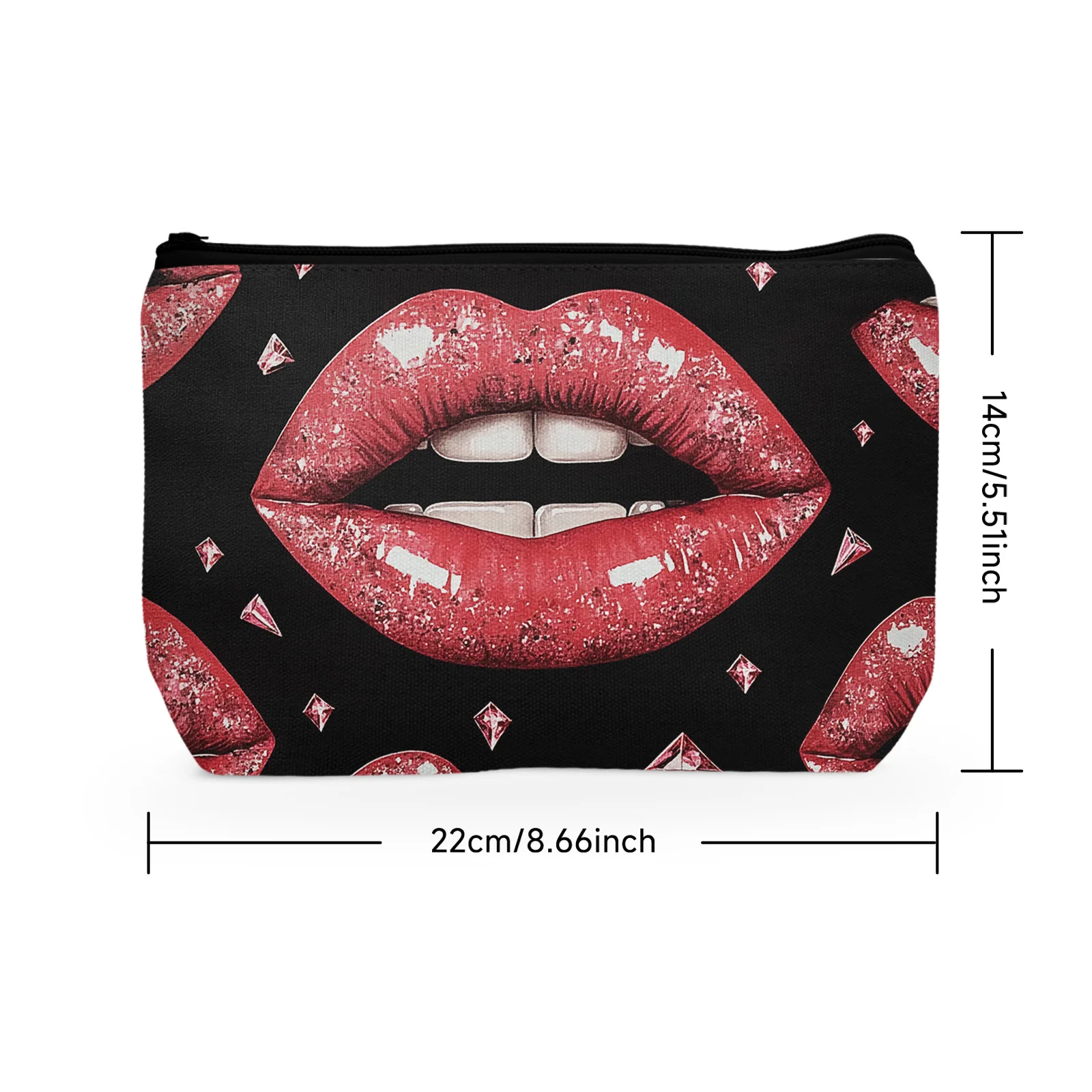 1Pc Artistic Red Lips Diamond Design Cosmetic Bag Women'S Portable Cosmetic Bag Zipper Cosmetic Bag Unique Style