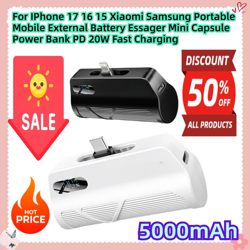 

For IPhone 17 16 15 Xiaomi Samsung Portable Mobile External Battery Essager Mini Capsule Power Bank 5000mAh PD 20W Fast Charging