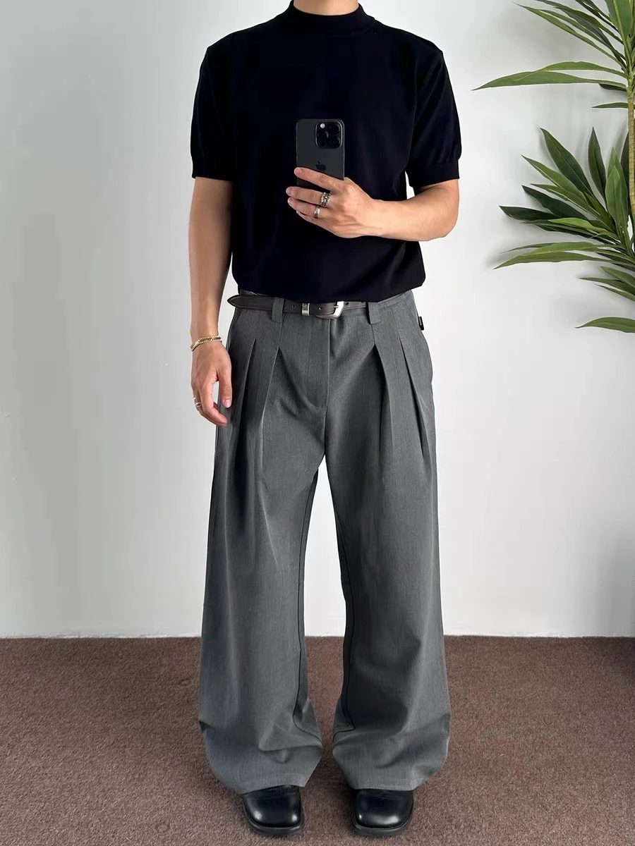 

Men's Casual Wide Leg A-Line Trousers Double Pleat CleanFit Workwear Vintage Sle Loose Long Pants Summer Faion Youth