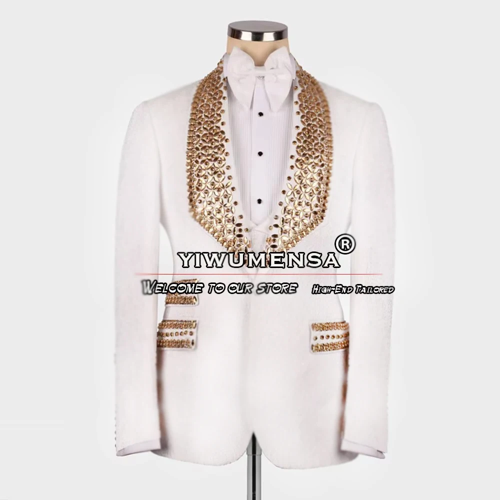 

Luxury Beaded Stones Suits Men Formal Occasion Man Party Dresses Customized 3-Piece Set Groom Wedding Tuxedos Slim Fit Clothing