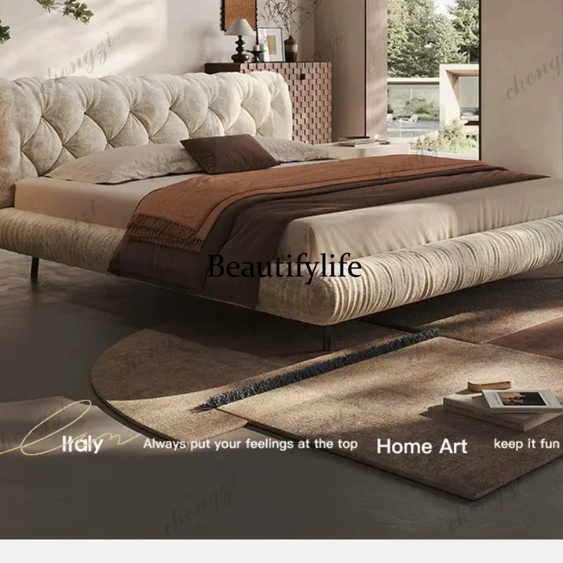 Fabric bed villa new Italian minimalist cream master and second bedroom double wedding bed simpleA68