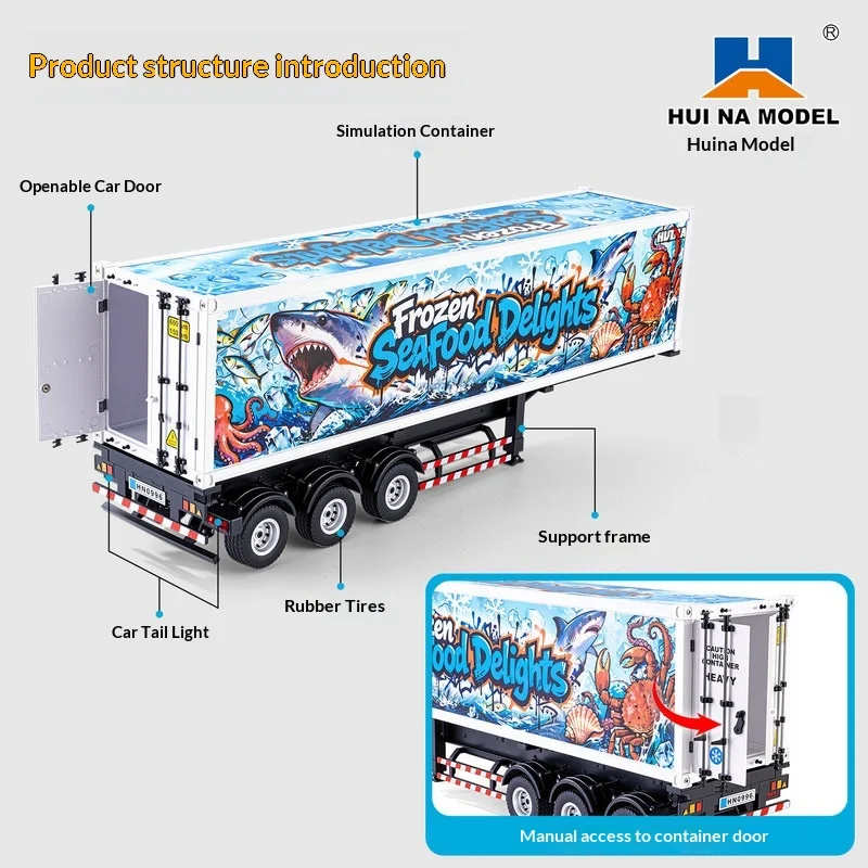 Hui Na 1:18 Scale Container Truck Model Seafood Refrigerated Trailer For 770s Tractor Truck Display Collection Gift