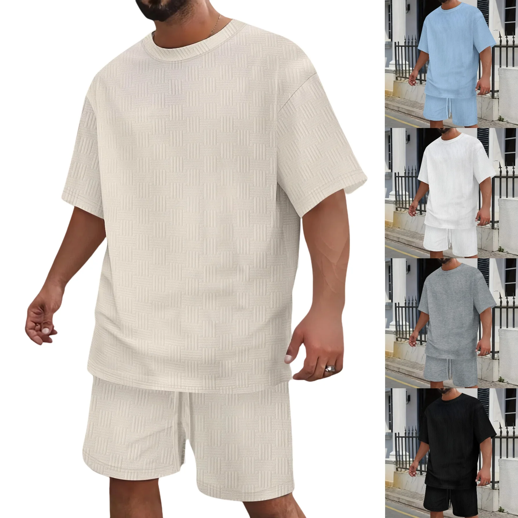 

Мужская летняя модная однотонная жаккардовая футболка с круглым вырезом и короткими рукавами и шорты, повседневный костюм из двух предметов