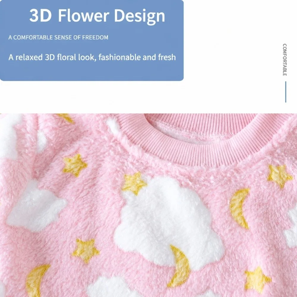 Soft Thickened Flannel Pajamas Suit Elastic Waist Pants Cartoon Print Toddler Sleepwear Sets Warm Clothing Sets Home Wear
