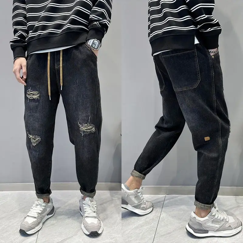 Men's Casual Denim Vintage Washed Loose-Fit Tapered Carrot Pants Autumn Streetwear Embroidered Jeans Baggy Jogger Harem Pants