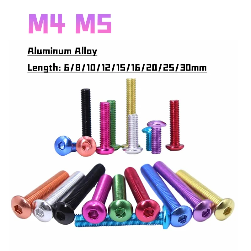Aluminum Alloy M4 M5 Colourful Anodizing Hex Socket Button Head Screws Length 6/8/10/12/15/14/16/20/25/30m for RC Model Boat