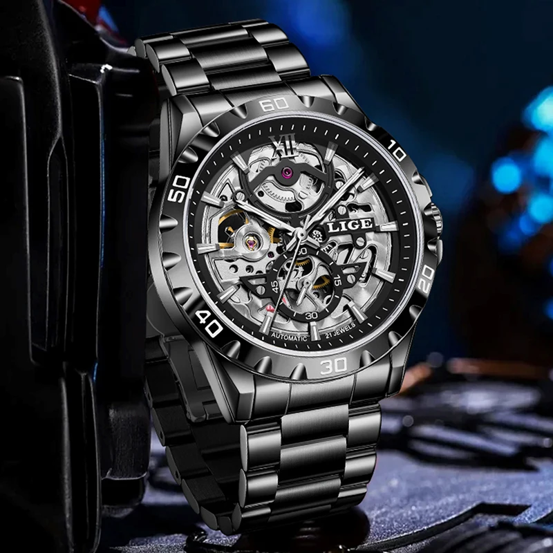 

LIGE Automatic Watch For Men Top Brand Luxury Hollow Skeleton Men Mechanical Wristwatch Fashion Waterproof Sports Men's Watches