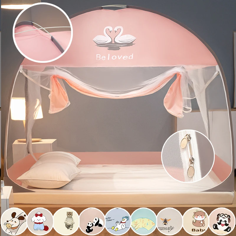 Double Doors Breathable Pop Up Mosquito Net Anti Fall Full Bottom Bed Canopy Foldable No Install for Single Double King Bed