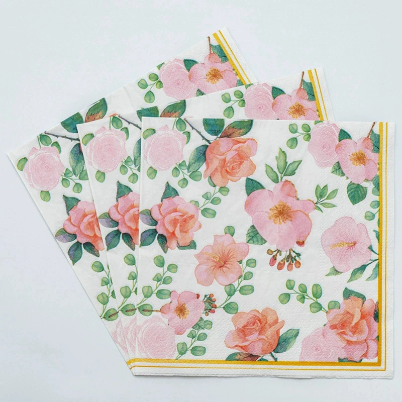 20Pcs Pink Flower Printed Napkins, Disposable 2 Layer Paper Napkins for Party Hotel Dinner Table DIY Decor