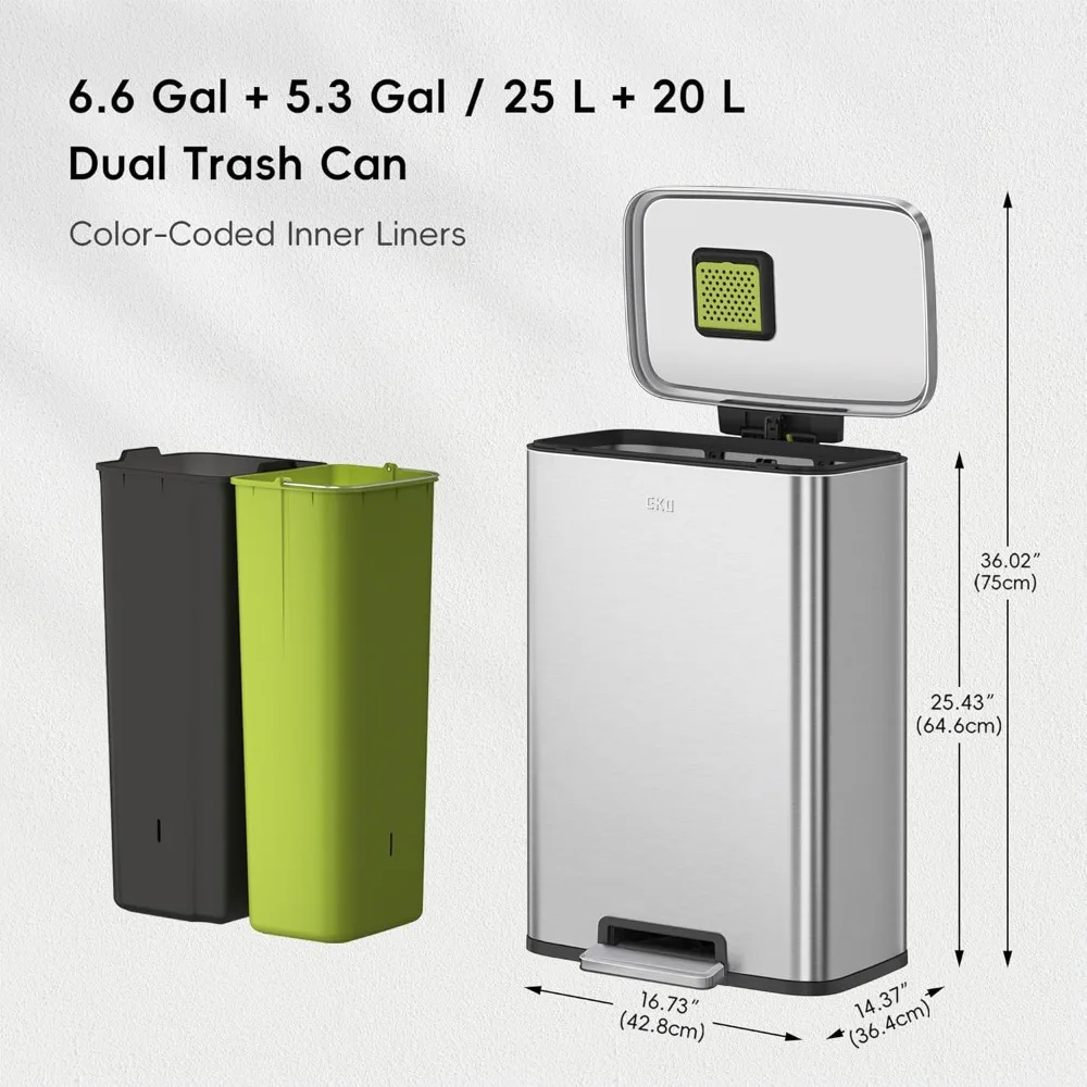 Factory Direct 2026 Madison Brushed Stainless 25L+20L Dual Compartment Step Trash Can with Inner Liner, Recycling Bin, Soft-Clos