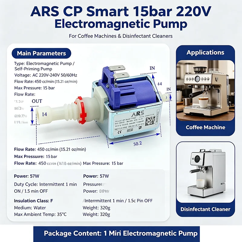 

ARS AC 220V 240V 57W Mini Electromagnetic Pump Plunger Type Solenoid Pump Water Pump High Pressure Flow 50 CC/min Coffee Machine