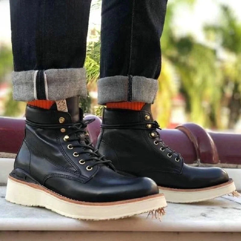 

Visvim Virgil Leather Work Boots Hand Sewn Vulcanized Short Tube High Heel round Toe Rubber Outsole Fashion Boots