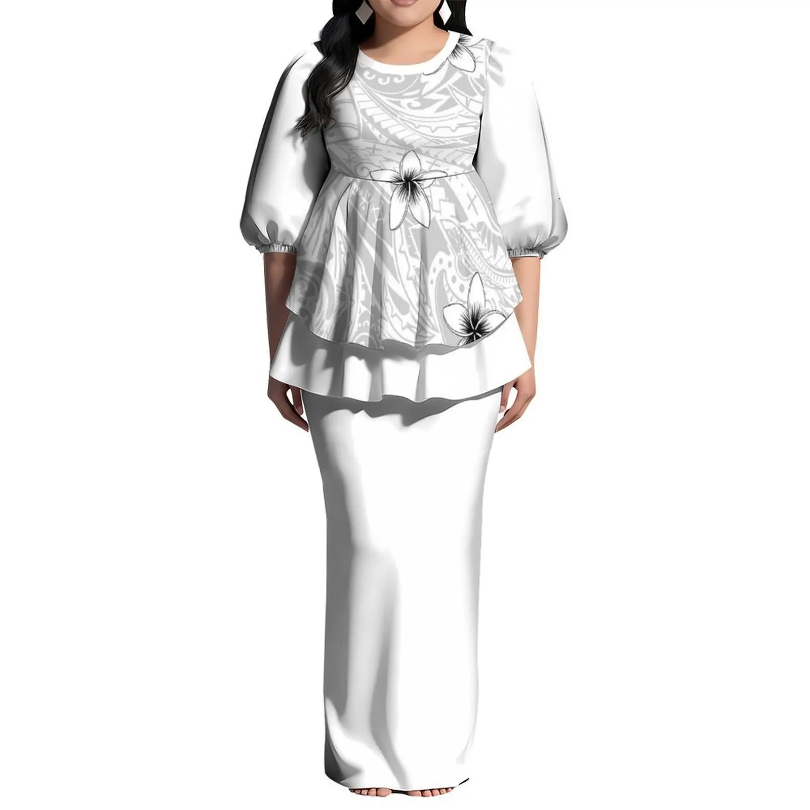 Pacific Island Art Design Custom Lady Back Slit Dress Samoa Puff Sleeve Round Neck Dress Polynesian Puletasi Frill Dress 2 Piece