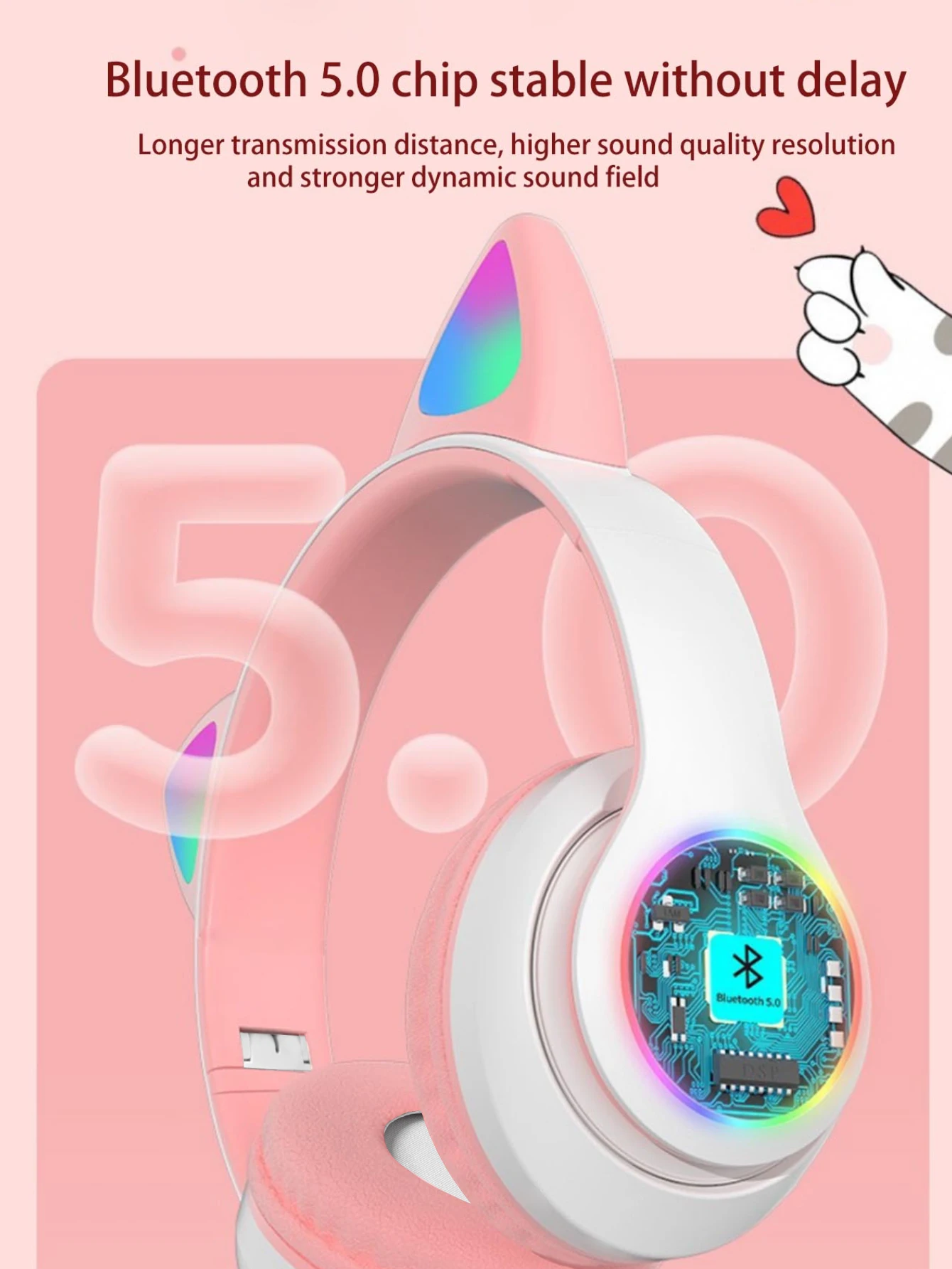 Cute Led Glowing Cat Ear Wireless Bluetooth Headphones Deep Bass_voghion.com