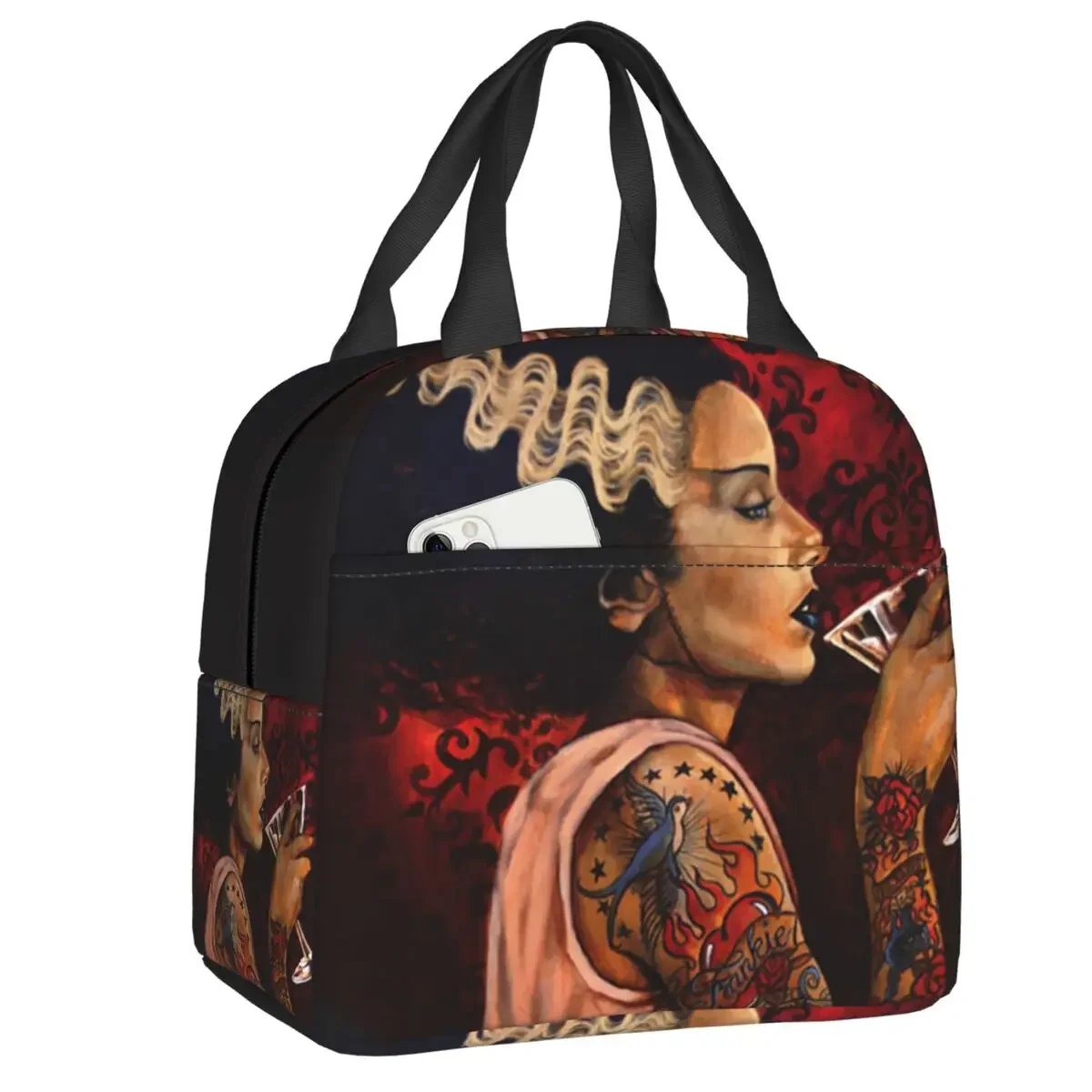 Bride Cocktail Tattoo Art Lunch Bag Cooler Thermal Insulated Frankenstein Monster Lunch Box for Women Kids School Food Bags