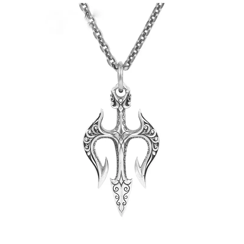 Retro Mythical Ocean God Poseidon Trident Harpoon Pendant Necklace Men's Fashion Punk Trend Jewelry