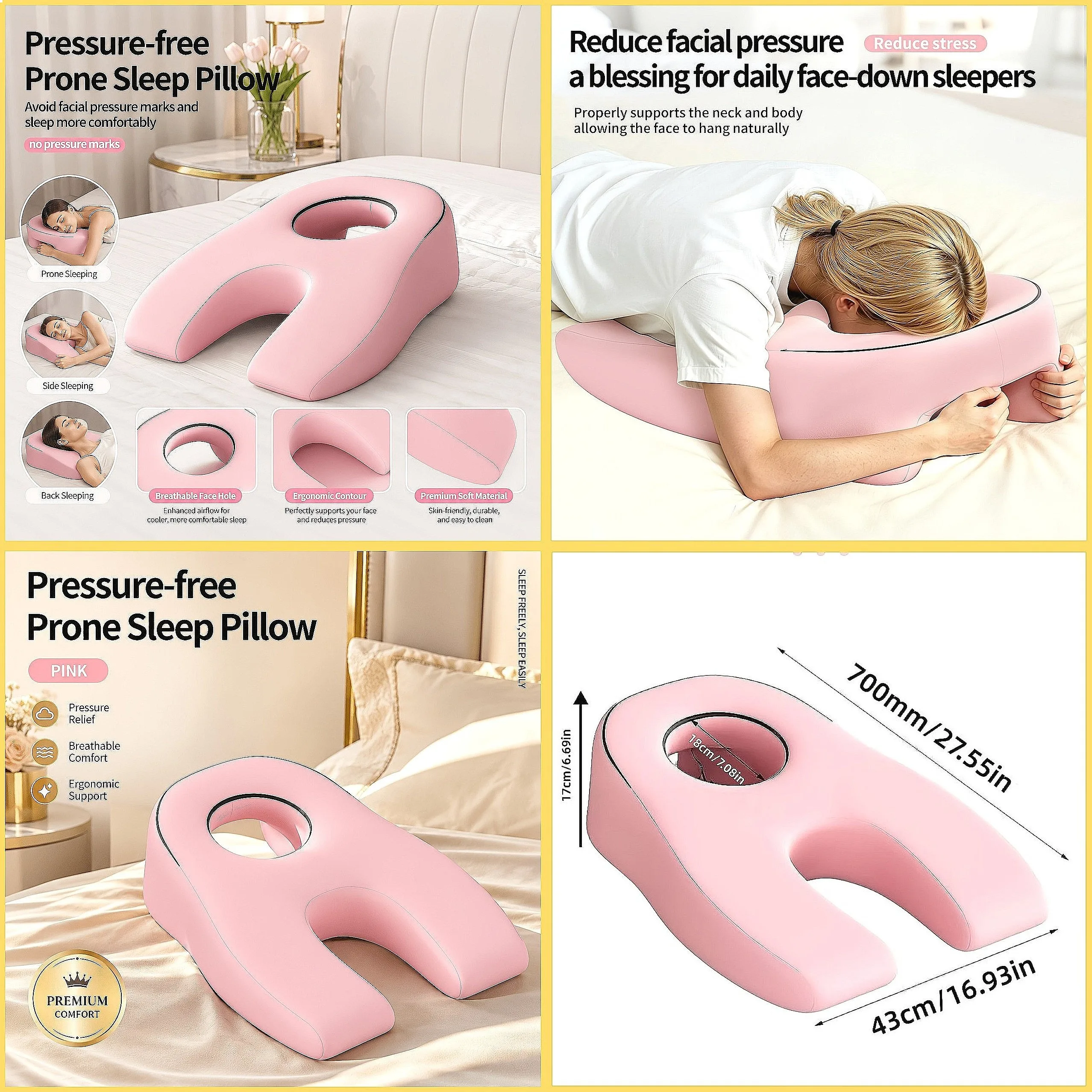 Prone Pillow Face Down Sleep Pillow No Pressure Hollow Breathable Ergonomic Support for Cervical Spine Alignment, No