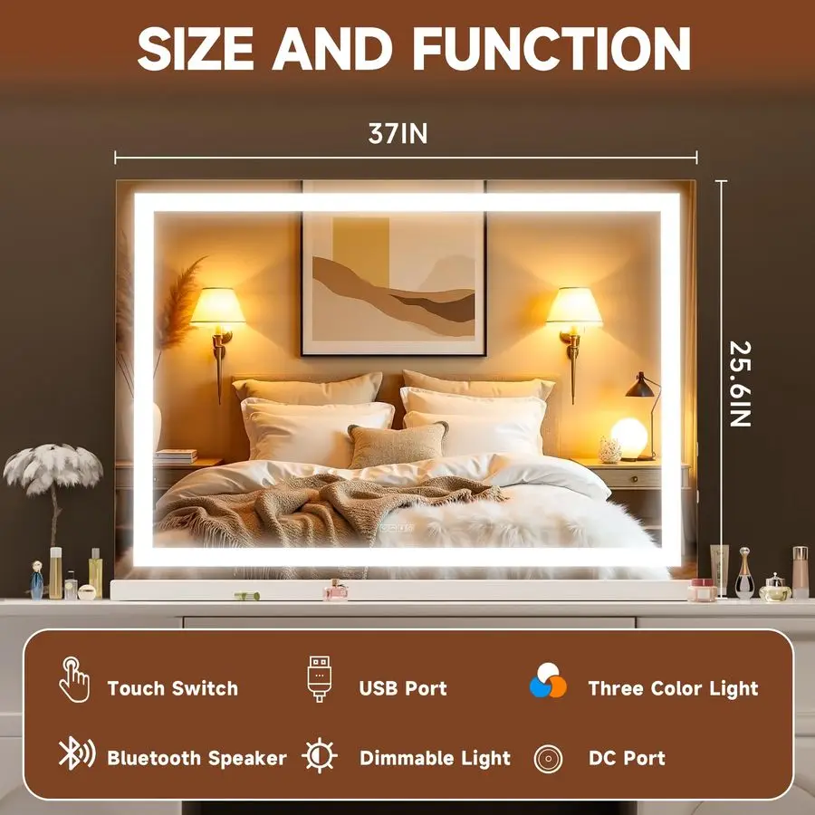 مرآة زينة مع أضواء، مرآة مكياج 37 × 25.6 LED مع مكبر صوت بلوتوث، مستشعر لمس، 3 ألوان فاتحة، قابلة للتعتيم، إطار معدني، مع #2