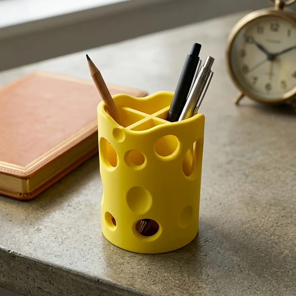 Creative Cheese Desk Storage Design Pen Holder Porous Storage Rack Bright Yellow Desktop Decoration Stress Relief Art Ornament