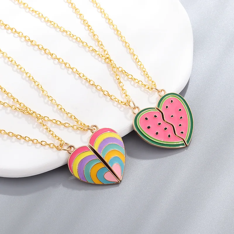 Cute Watermelon Rainbow Heart Necklace for Kids Girls Korean Style Broken Heart Clavicle Chain Best Friends Jewelry Gift 2024