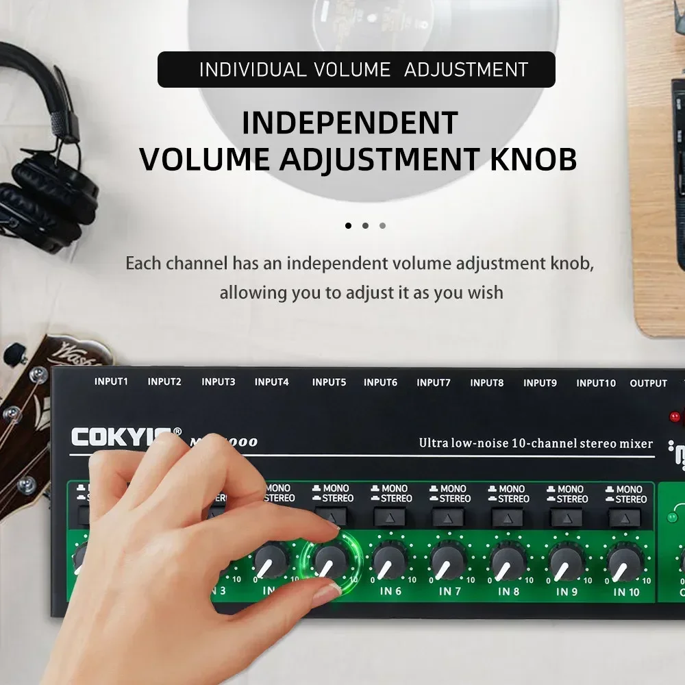 10 Channel Audio Mixer Mini Low Noise Stereo Mono Line Mixer Professional DC5V Audio Processor for Guitar Bass Keyboard Stage