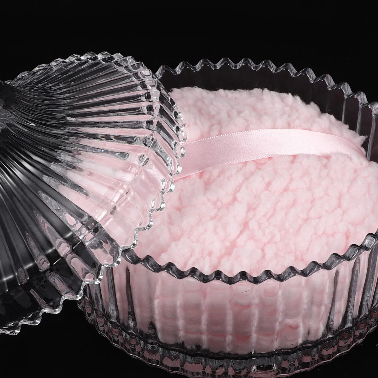 Large Powder Puff with Glass Container Pink Washable Soft Fiber Body Dusting Puff for Face and Body