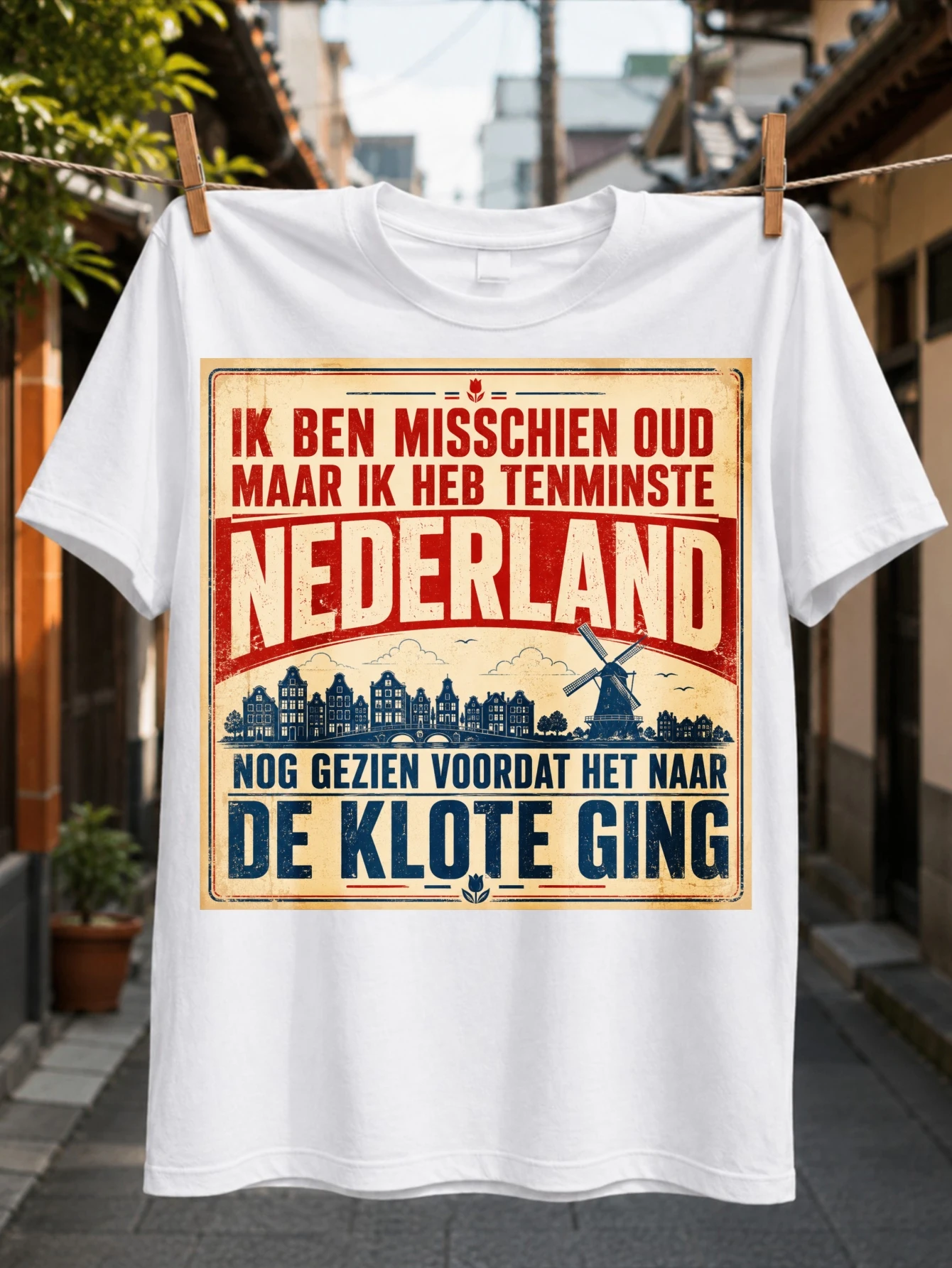 Retro Cream Netherlands with Red Nederland Text Windmill Canal House Skyline and Old Dutch Heritage  Unisex All T-Shirt
