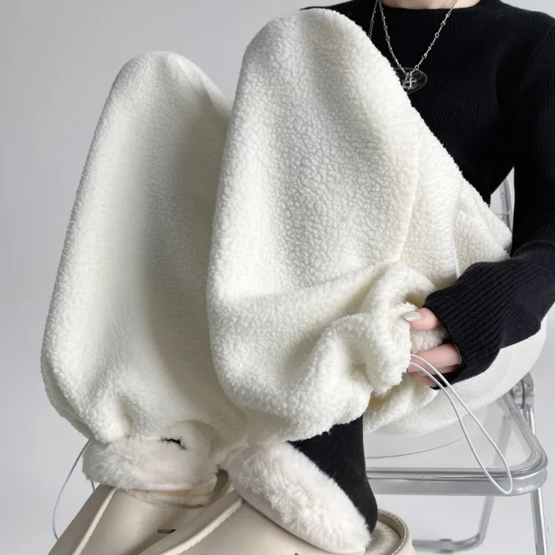 كسول نمط بنطال ذو قصة أرجل واسعة للنساء في شتاء 2025 جديد على الوجهين الصوف عالية الخصر فضفاض مستقيم الساق سراويل تقليدية دافئة #2