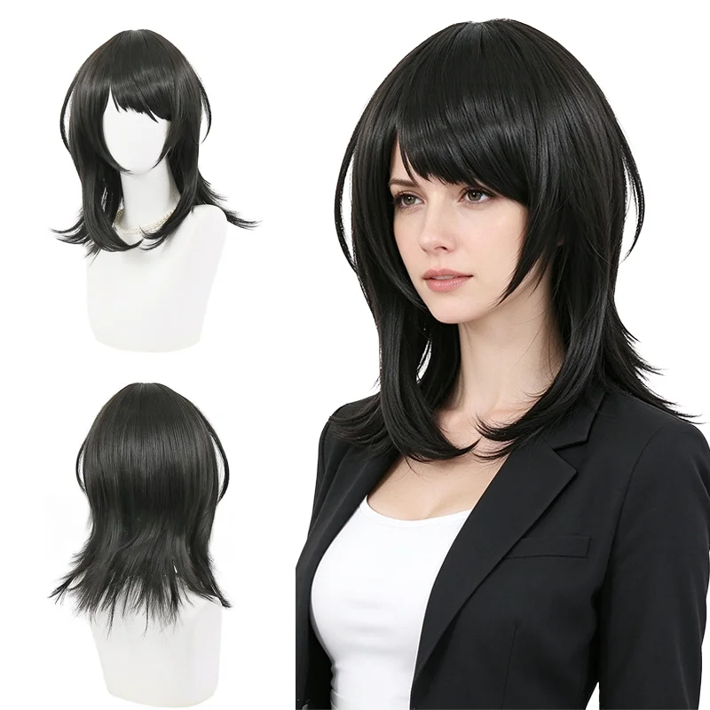 Yahata Umiri Inspired Wig Black Medium Length Layered Mullet with Air Bangs Heat Friendly Synthetic Hair for Cosplay Daily Party