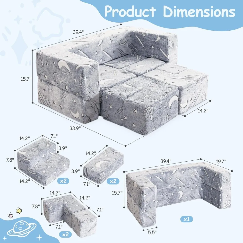 Kids Sofa,14pcs Modular Kids Play Couch,Convertible Foam and Floor Cushion for Boys and Girls,Glow in The Dark