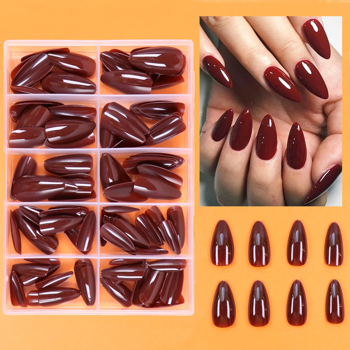 120pcs-box  LongCherry red Almond Fake nails Suitable ForGirl Mother Women Gift And Nails Supplies&DIY &WholesaleAnd Daily Wear