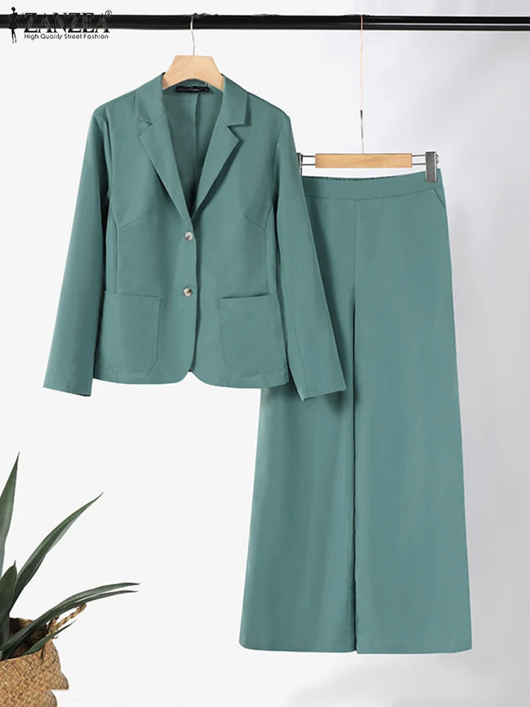 Autumn Elegant OL Work Blazer Suits ZANZEA 2PCS Women Tracksuit Casual Long Sleeve Tops Wide Leg Pants Sets Fashion Matching Set