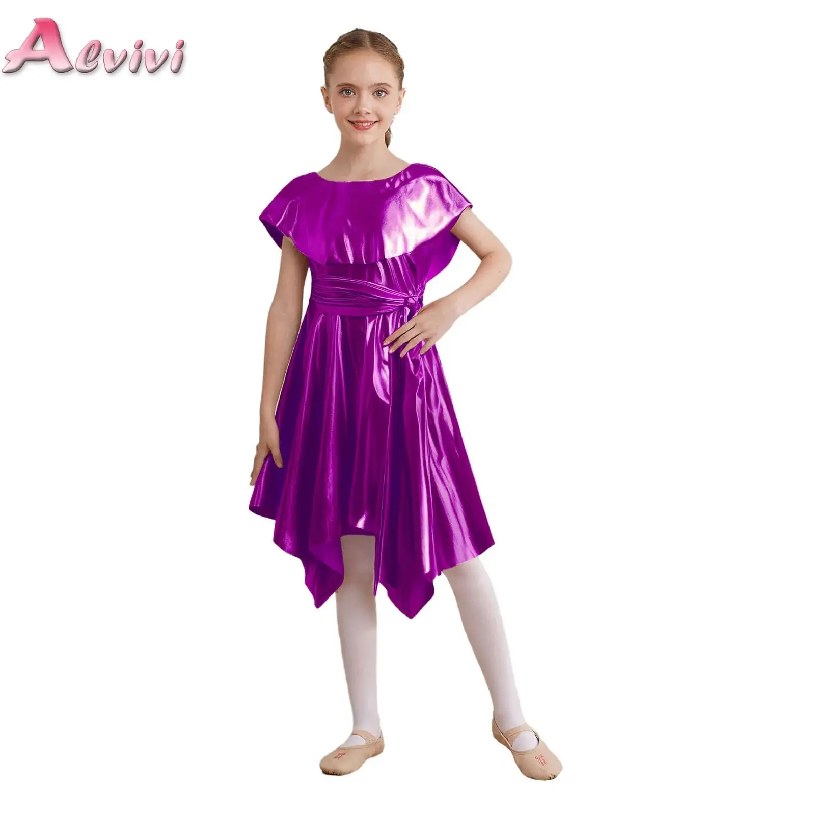 

Kids Girls Praise Dance Metallic Tunic Robe Halloween Cosplay Theme Party Costume Shiny Asymmetrical Hem Belted Choir Dress