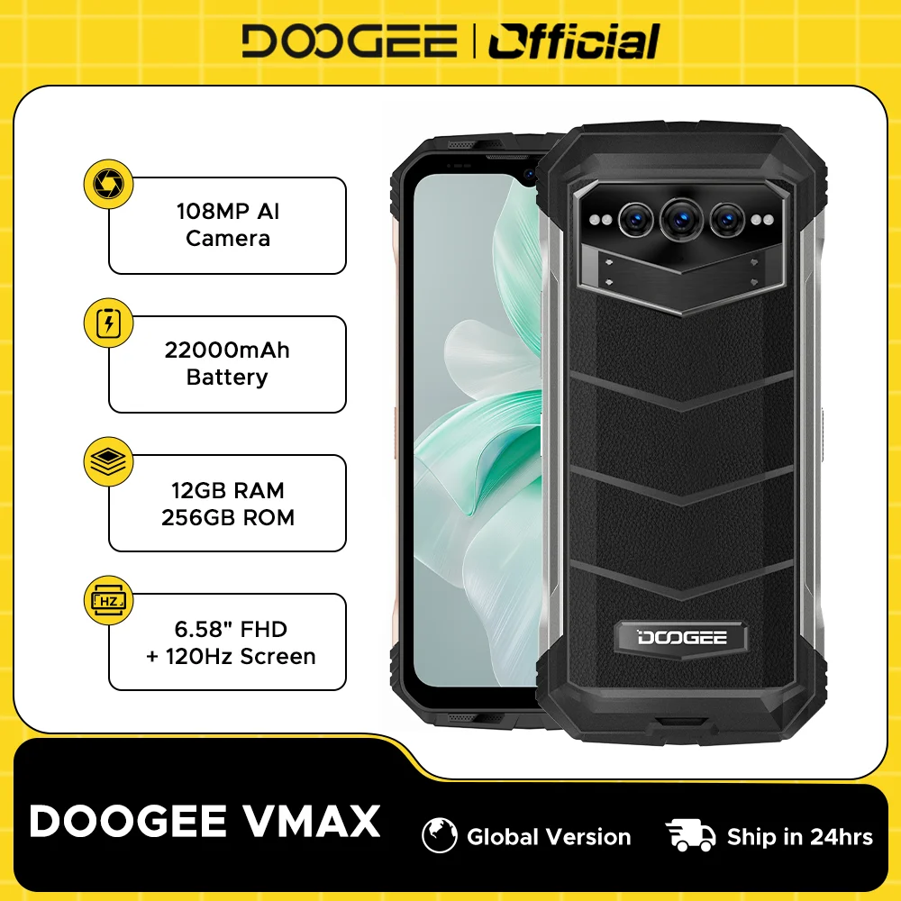 Doogee-V Max 5G Telefone Robusto, 6.58 ", 120Hz, Dimensão 1080, Alta Resolução, Câmera Principal AI 108MP, Octa Core, 12GB RAM + 256GB ROM, 22000mAh