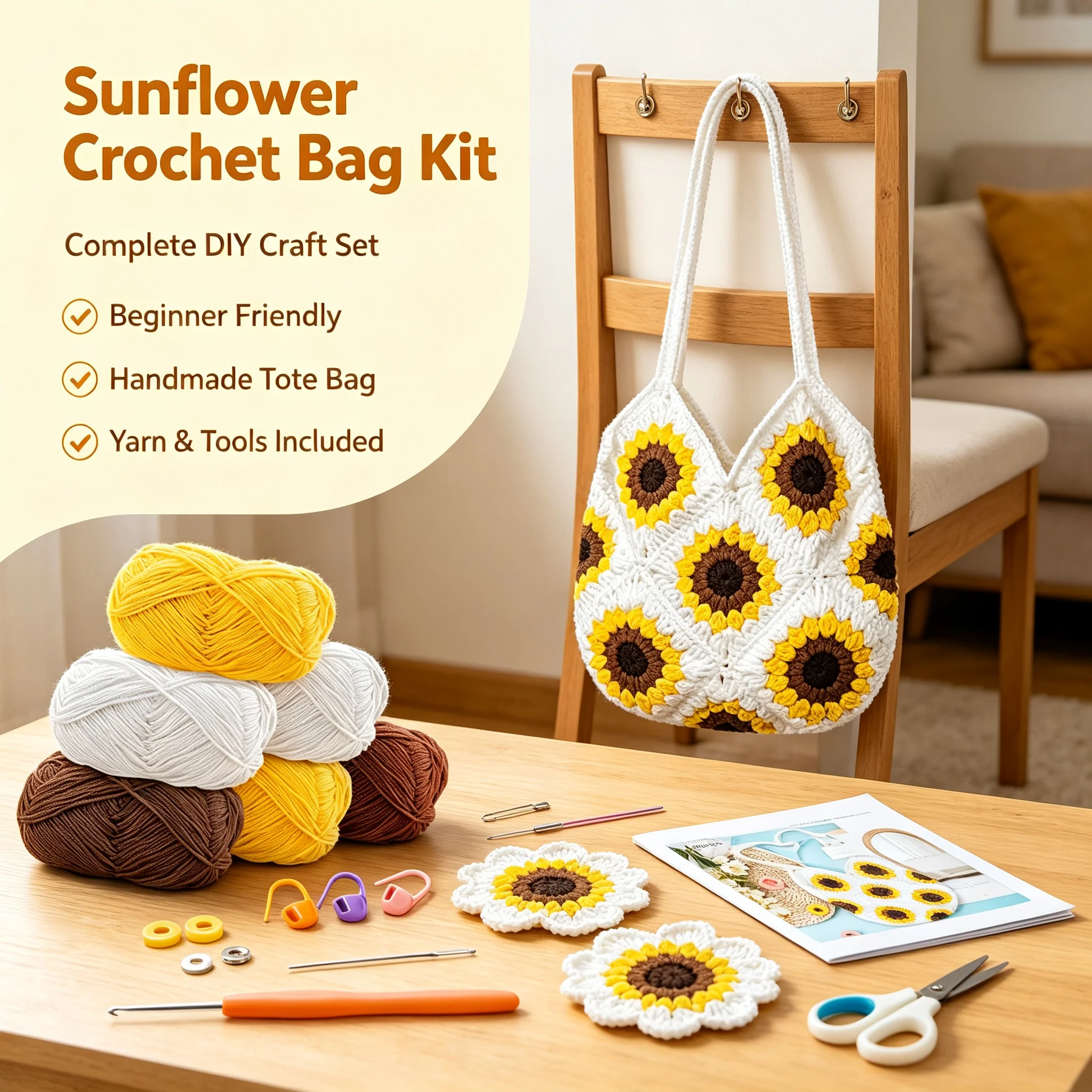 DIY Handmade Sunflower Tote Bag Crochet Kit Full Set Yarn Crochet Accessories Tutorial Included Hand Knitting Craft Supply