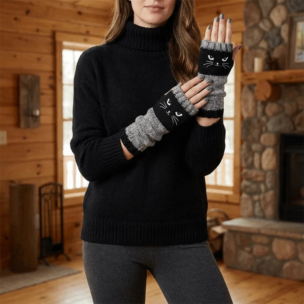 Fashion Thickened Knitted Fingerless Gloves Soft Color Block Half Finger Gloves Striped Windproof Cat Embroidery Gloves Girls