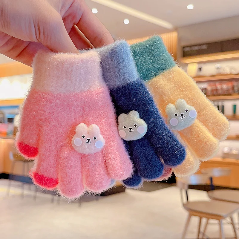 0-3 Years Old Winter Baby Girls Cute Soft Knitting Cartoon Five Finger Gloves Children Lovely Outdoor Warmth Gloves Kids Mitten