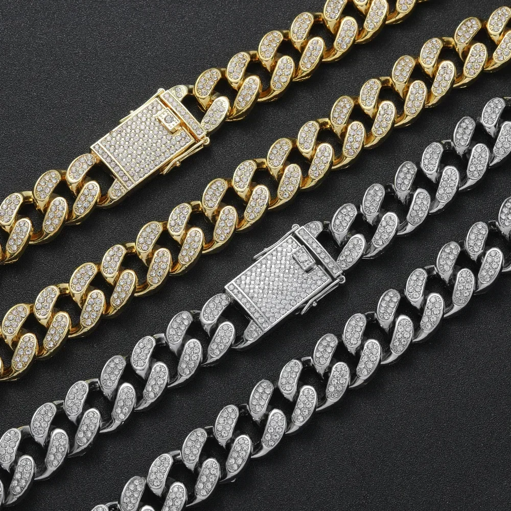 Miami Curb Cuban Chain Necklace Bracelet Women Men 20mm Big Gold Color Iced Out Paved Rhinestones Hip Hop Jewelry Set Box Clasp