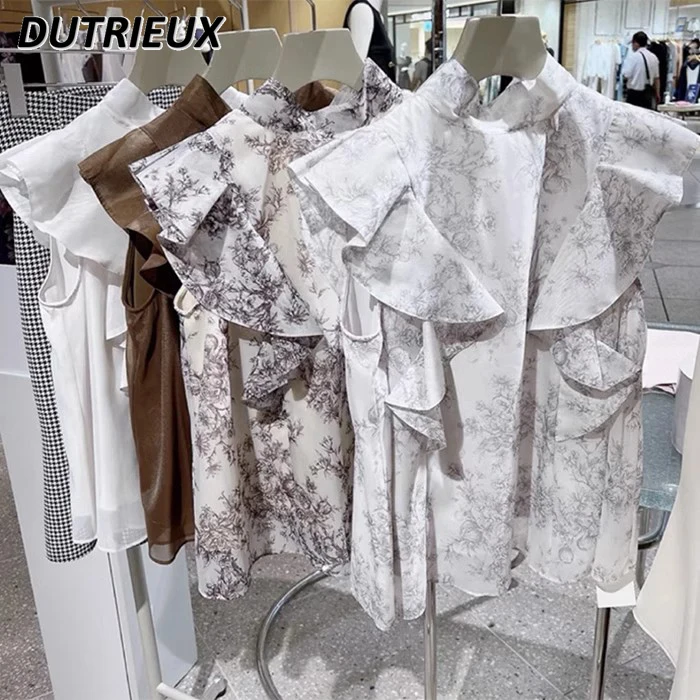 

Spring and Summer New Lotus Leaf Edge Flying Sleeves Bow Lace-up Chiffon Shirt Sweet Girls Stand-up Collar Printed Versatile Top