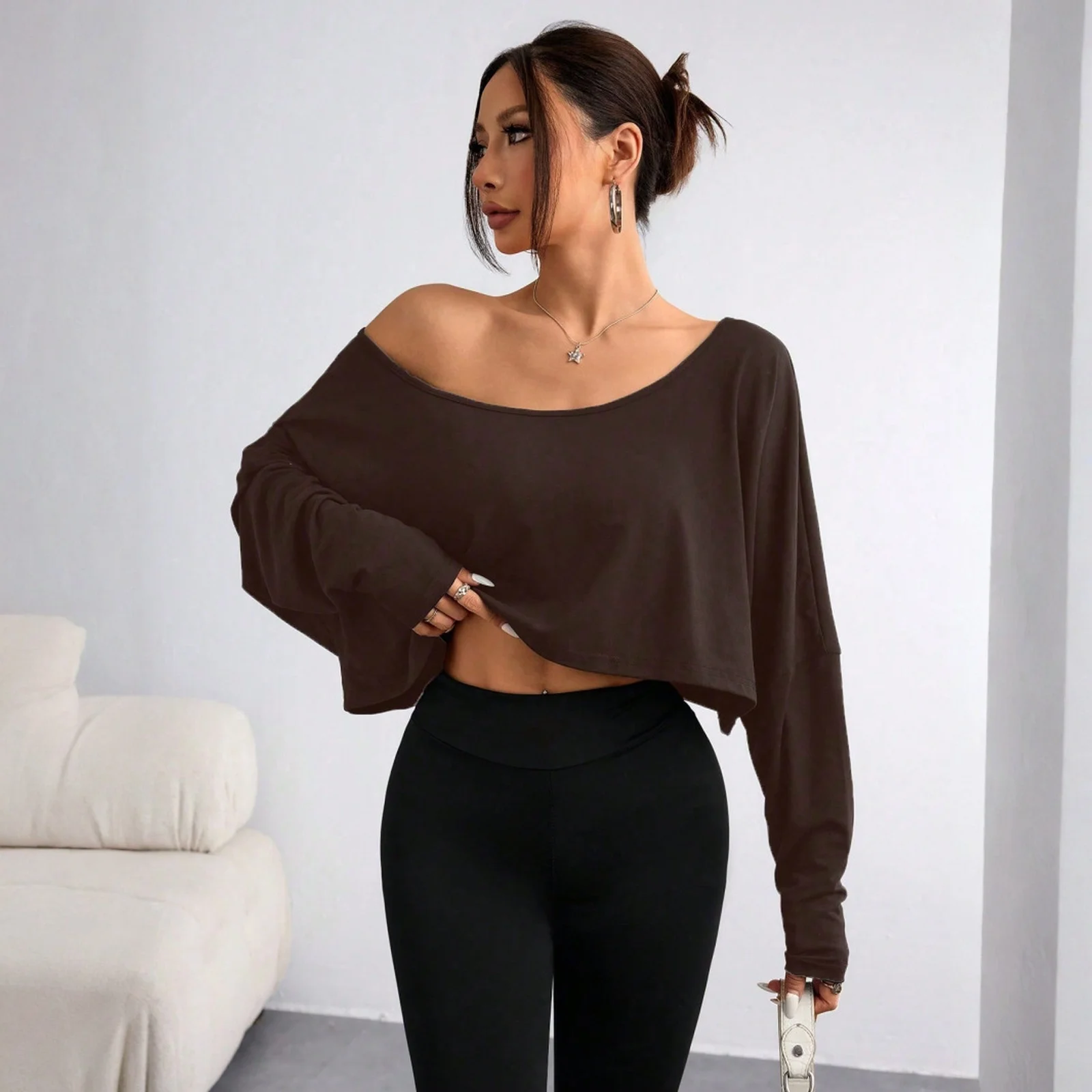 Women Off Shoulder Tops Long Sleeve Solid Color Cropped Loose Fit Casual Trendy Chic Effortless Stylish Daily Wear Blouse