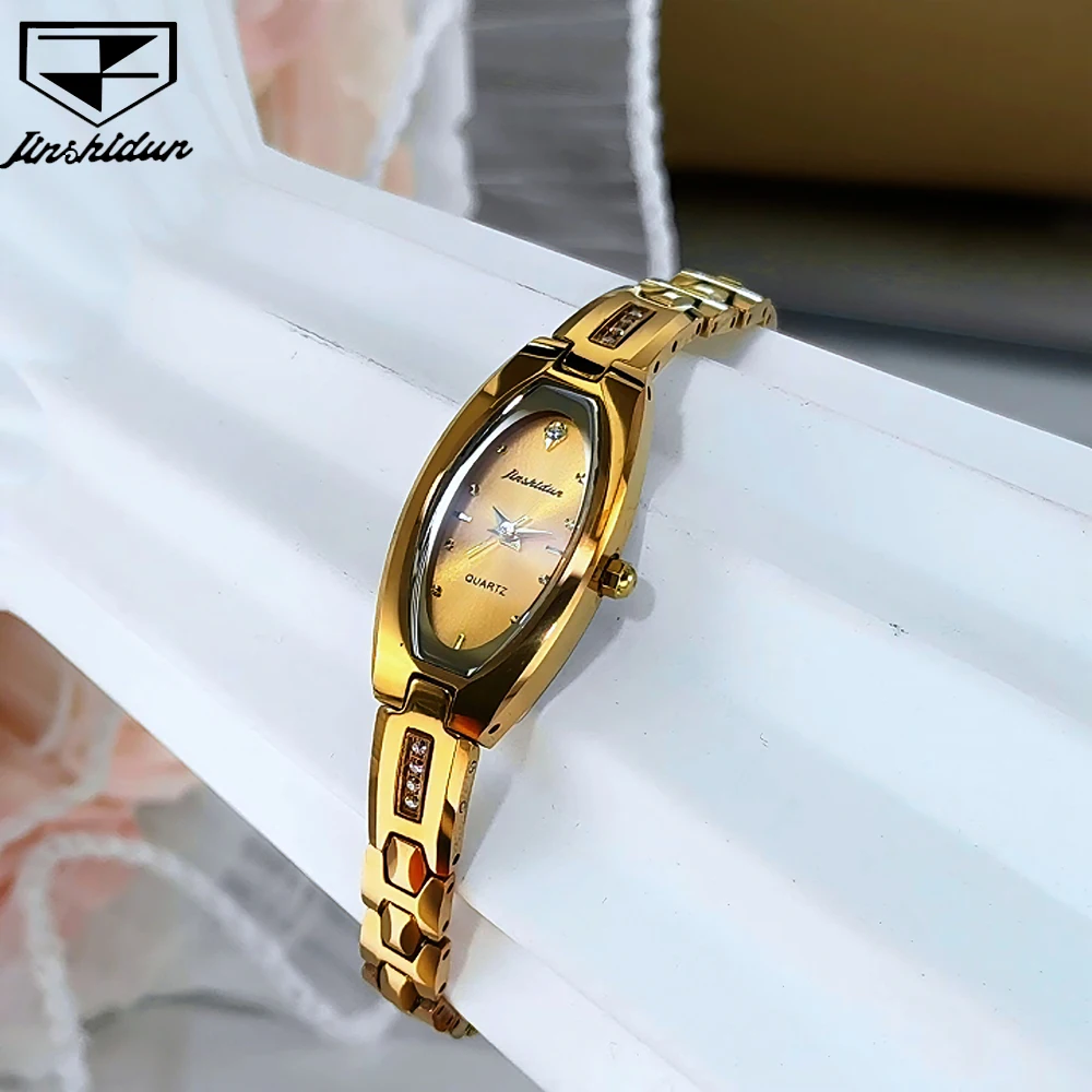 JSDUN Women's Watches Luxury Elegant Tungsten Steel Strap Small Gold Dial Original Quartz Wristwatch Bracelet Necklace Set Box