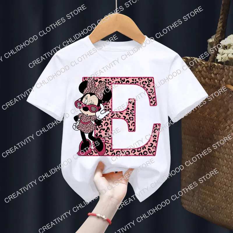 Minnie Children T-Shirts Letter A-Z Name Combination Disney Kawaii Cartoons Clothes Kids Little Boy Girl Tee Shirts Casual Tops