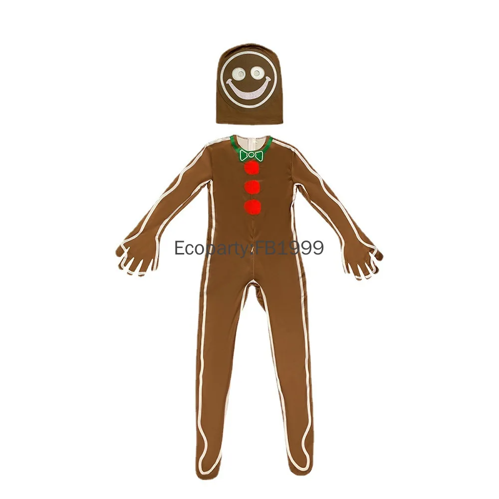 Adult Kids Gingerbread Man Cosplay Costume Boy Girls Christmas Brown Gingerbread Cookie Jumpsuits Outfit Purim Carnival Dress Up view 5